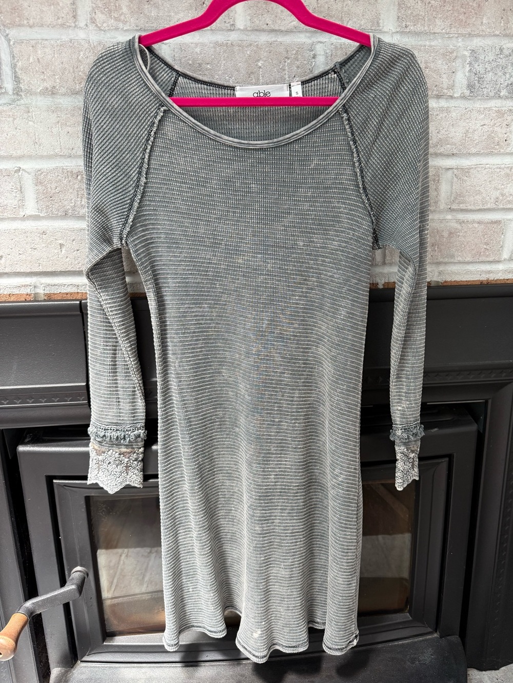 Able Distressed  Long Sleeve Knit Dress with Lace Cuffs - Gray